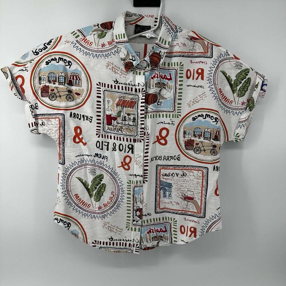 Milk & Honey Womens L Travel Print Blouse Top Shirt Artsy European Y2K 90s